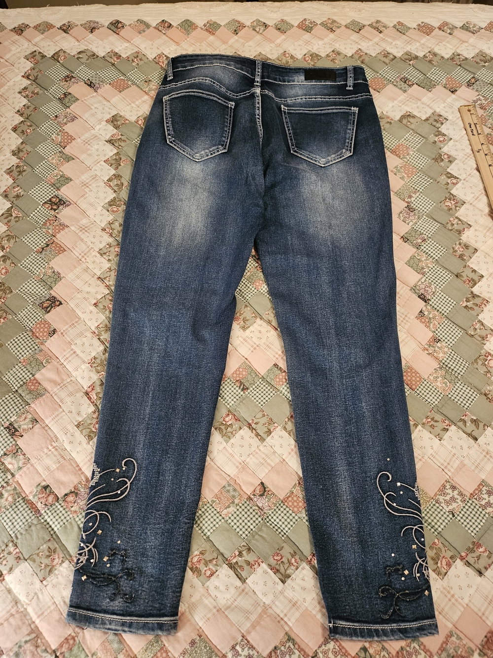 Dkin -High Rise Jeans with Silver Embroidery/Sequine Applique Legs- Size 12 - Picture 2 of 10
